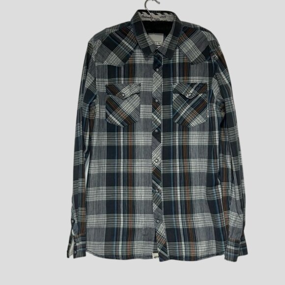 Vans Off The Wall Long Sleeve Pearl Snap Grey Rust Blue Plaid Western Shirt - Picture 1 of 11